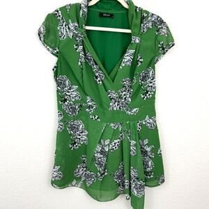 eShakti Womens Sleeveless Blouse Top Size L Floral Surplice Wrap Flowy Green